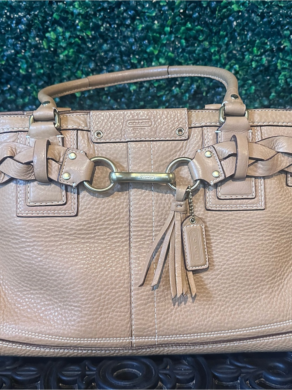 Coach Hamptons Pebbled Leather Satchel with Braided Trim